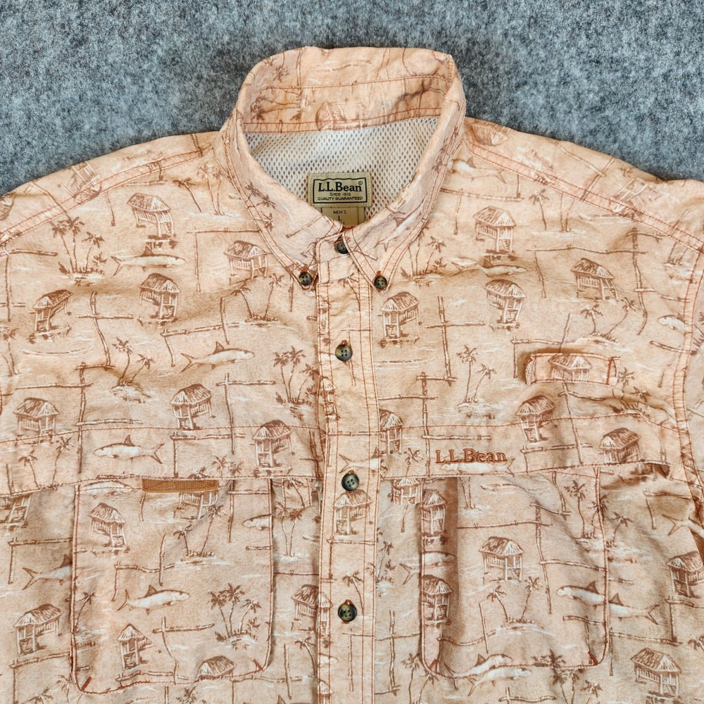 LL Bean Fishing Shirt Men L Tall Orange Vented Tropical Shark Print Hiking OXY22